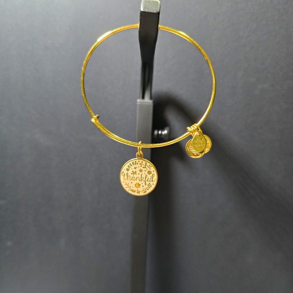 ALEX AND ANI Gold Tone Thankful Dangle Charm Expandable Wire Bangle Bracelet2017